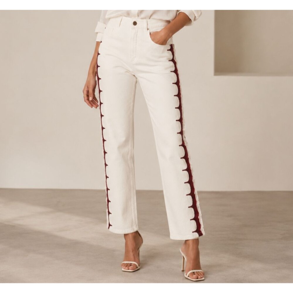 Chloe White Jeans FR 36 US 4 High Rise Straight Leg Red Side Stripe Italy